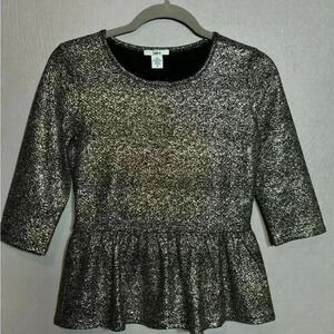 Bar III Women's Peplum Shirt Top Gold Black 3/4 Length Sleeve Flare Waist Size S